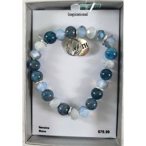 Genuine Stone BLUE STONE FAITH & CROSS HEART Charm Stretch Bracelet New in Box